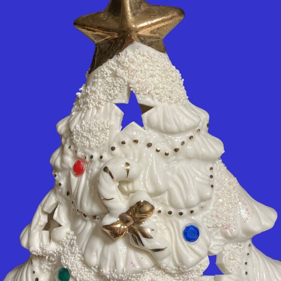 Ceramic Christmas Tree Lighted With Decorations And Gold Colored Accents - Picture 3 of 10